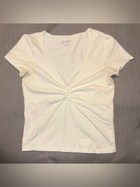 John Galt White Gina Cinched Top, Short Sleeve, V-Neck Lace